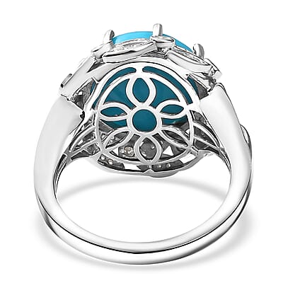 D'Joy Premium Sleeping Beauty Turquoise and Moissanite 7.15 ctw Whispering Leaves Ring in Rhodium Over Sterling Silver (Size 10.0)