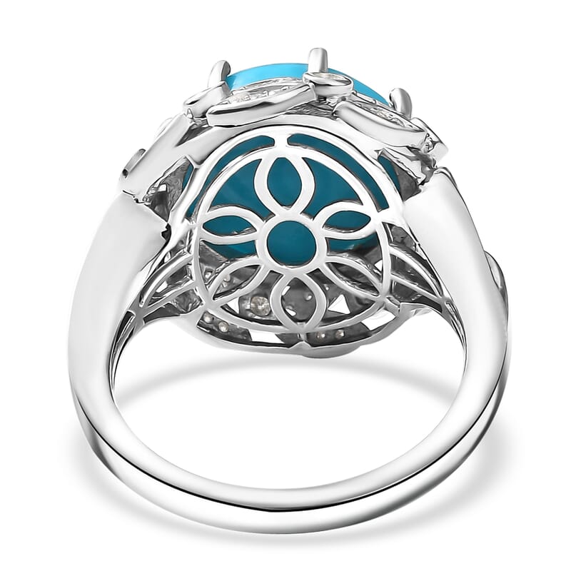D'Joy Premium Sleeping Beauty Turquoise and Moissanite 7.15 ctw Whispering Leaves Ring in Rhodium Over Sterling Silver (Size 10.0)