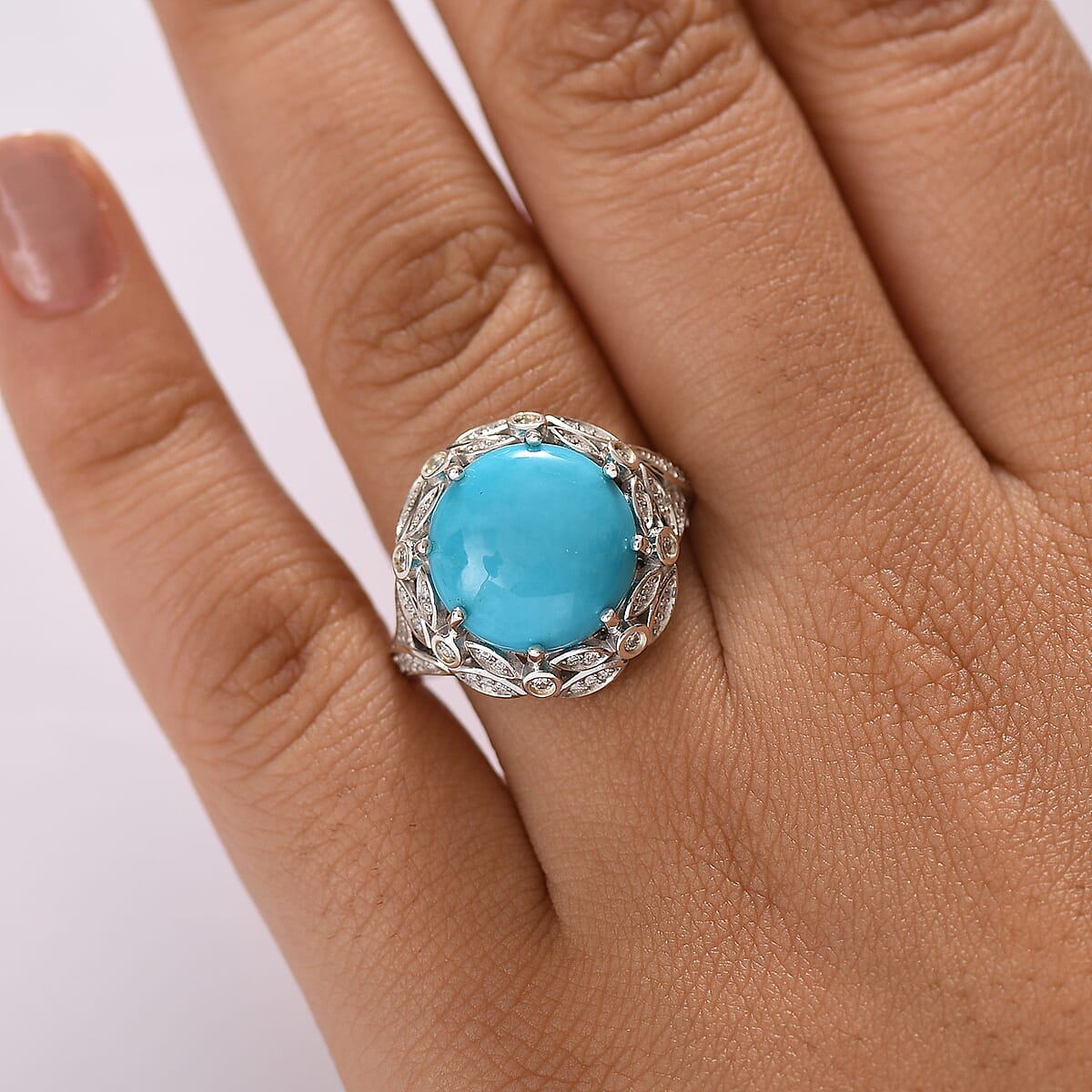 D'Joy Premium Sleeping Beauty Turquoise and Moissanite 7.15 ctw Whispering Leaves Ring in Rhodium Over Sterling Silver (Size 6.0) image number 2