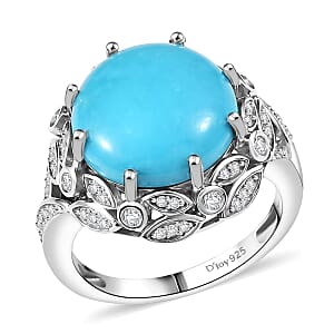 D'Joy Premium Sleeping Beauty Turquoise and Moissanite 7.15 ctw Whispering Leaves Ring in Rhodium Over Sterling Silver (Size 9.0)