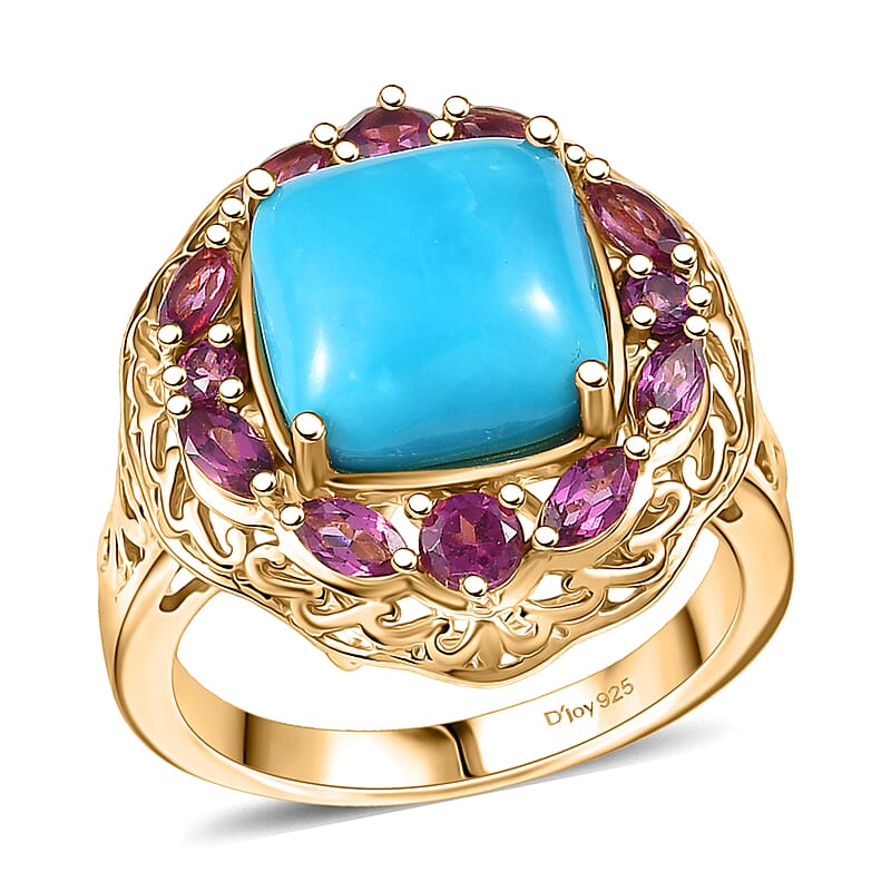 D'Joy Premium Sleeping Beauty Turquoise and Orissa Rhodolite Garnet 5.25 ctw Twilight Bloom Ring in 18K Vermeil Yellow Gold Over Sterling Silver (Size 10.0) 