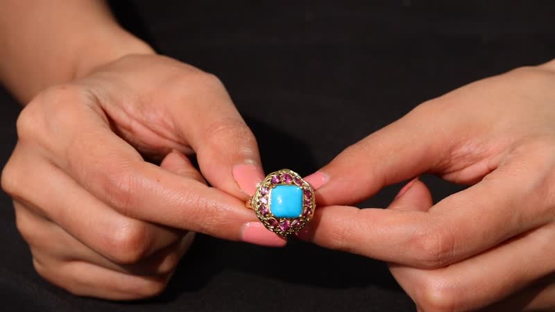 D'Joy Premium Sleeping Beauty Turquoise and Orissa Rhodolite Garnet 5.25 ctw Twilight Bloom Ring in 18K Vermeil Yellow Gold Over Sterling Silver (Size 10.0)