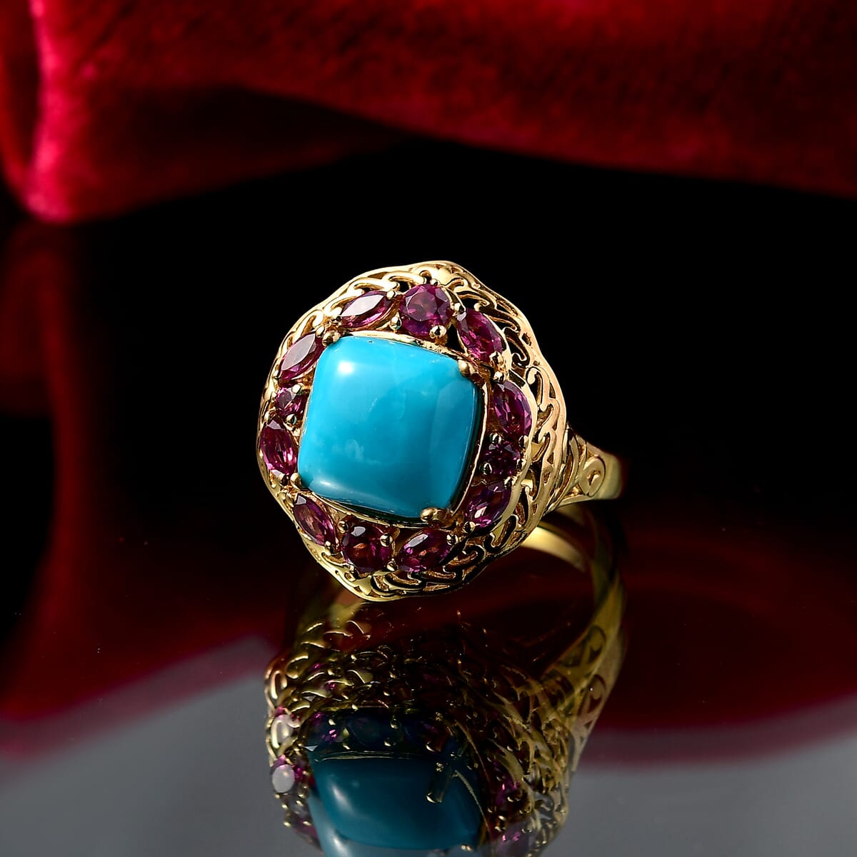 D'Joy Premium Sleeping Beauty Turquoise and Orissa Rhodolite Garnet 5.25 ctw Twilight Bloom Ring in 18K Vermeil Yellow Gold Over Sterling Silver (Size 10.0)  image number 1