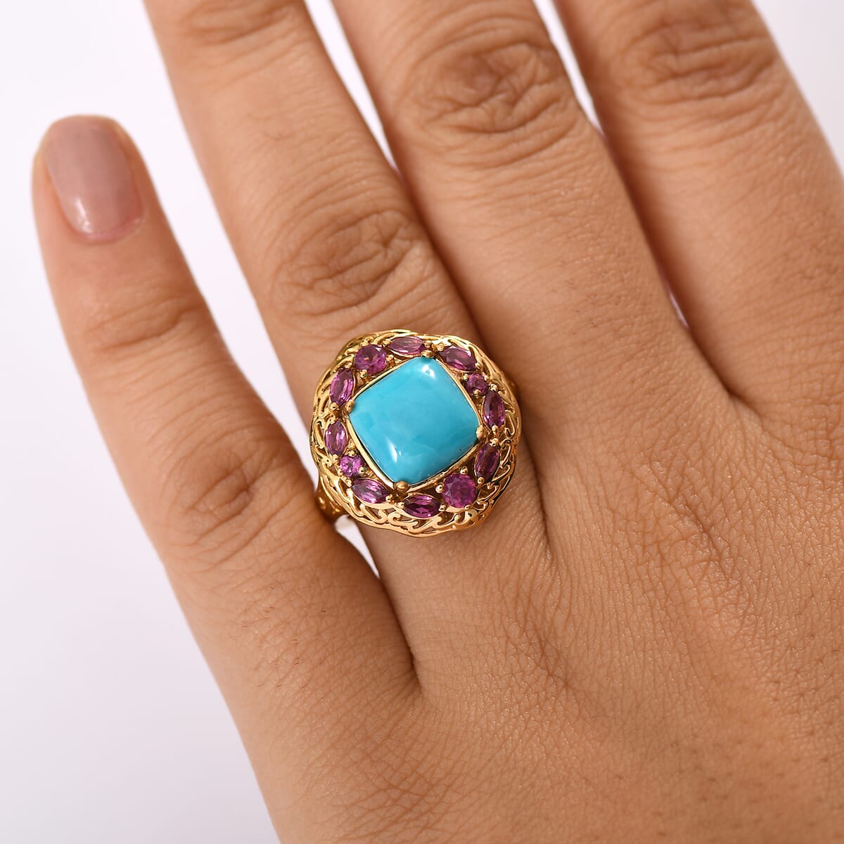D'Joy Premium Sleeping Beauty Turquoise and Orissa Rhodolite Garnet 5.25 ctw Twilight Bloom Ring in 18K Vermeil Yellow Gold Over Sterling Silver (Size 10.0)  image number 2