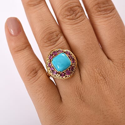 D'Joy Premium Sleeping Beauty Turquoise and Orissa Rhodolite Garnet 5.25 ctw Twilight Bloom Ring in 18K Vermeil Yellow Gold Over Sterling Silver (Size 10.0) 