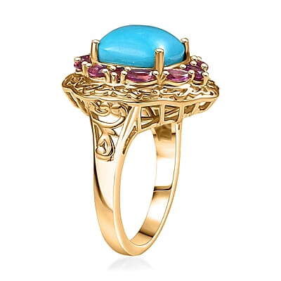 D'Joy Premium Sleeping Beauty Turquoise and Orissa Rhodolite Garnet 5.25 ctw Twilight Bloom Ring in 18K Vermeil Yellow Gold Over Sterling Silver (Size 10.0) 