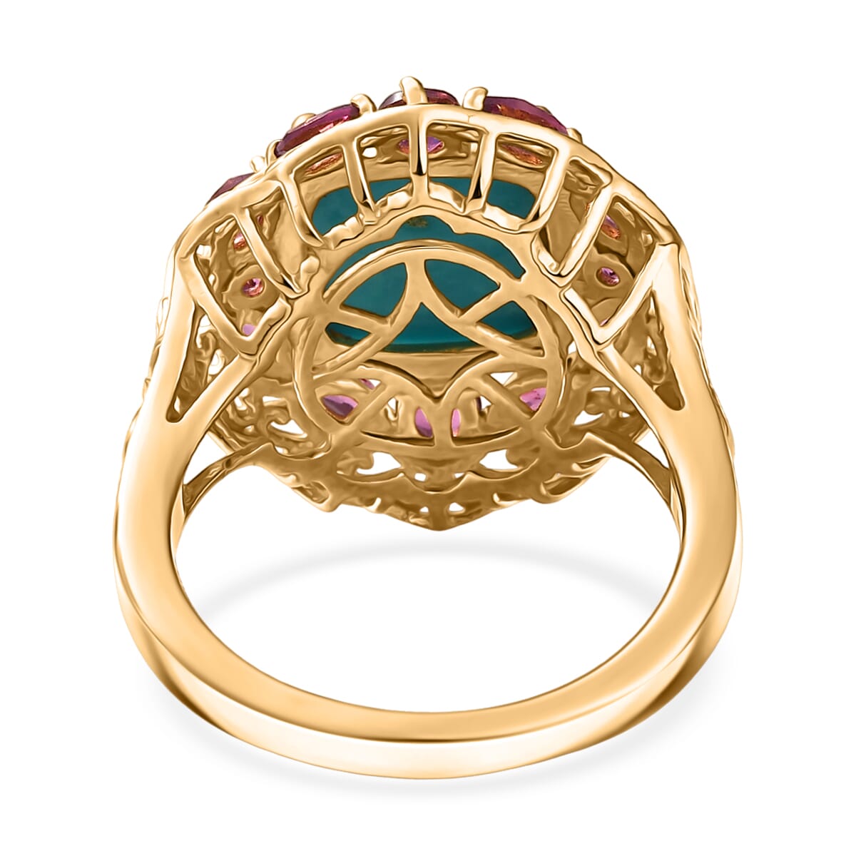 D'Joy Premium Sleeping Beauty Turquoise and Orissa Rhodolite Garnet 5.25 ctw Twilight Bloom Ring in 18K Vermeil Yellow Gold Over Sterling Silver (Size 10.0)  image number 4