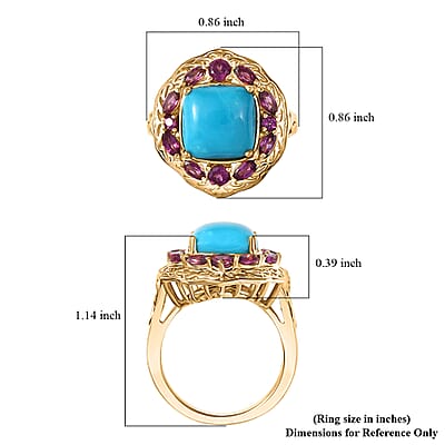 D'Joy Premium Sleeping Beauty Turquoise and Orissa Rhodolite Garnet 5.25 ctw Twilight Bloom Ring in 18K Vermeil Yellow Gold Over Sterling Silver (Size 10.0) 