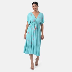 Sea Green Rayon Crepe V neck Maxi Dress with Waist Tie & Tassel Detailing - One Size Fits Most