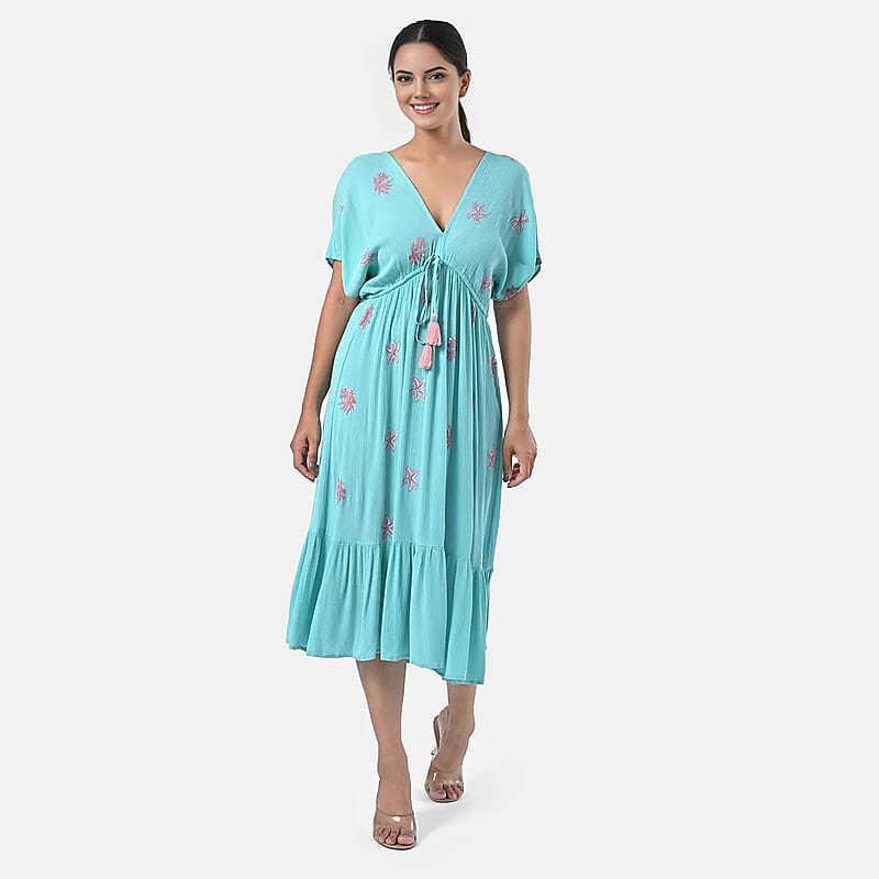 Tamsy Turquoise Summer Beach Midi Dress with Sequin Embroidery - One Size Fits Most