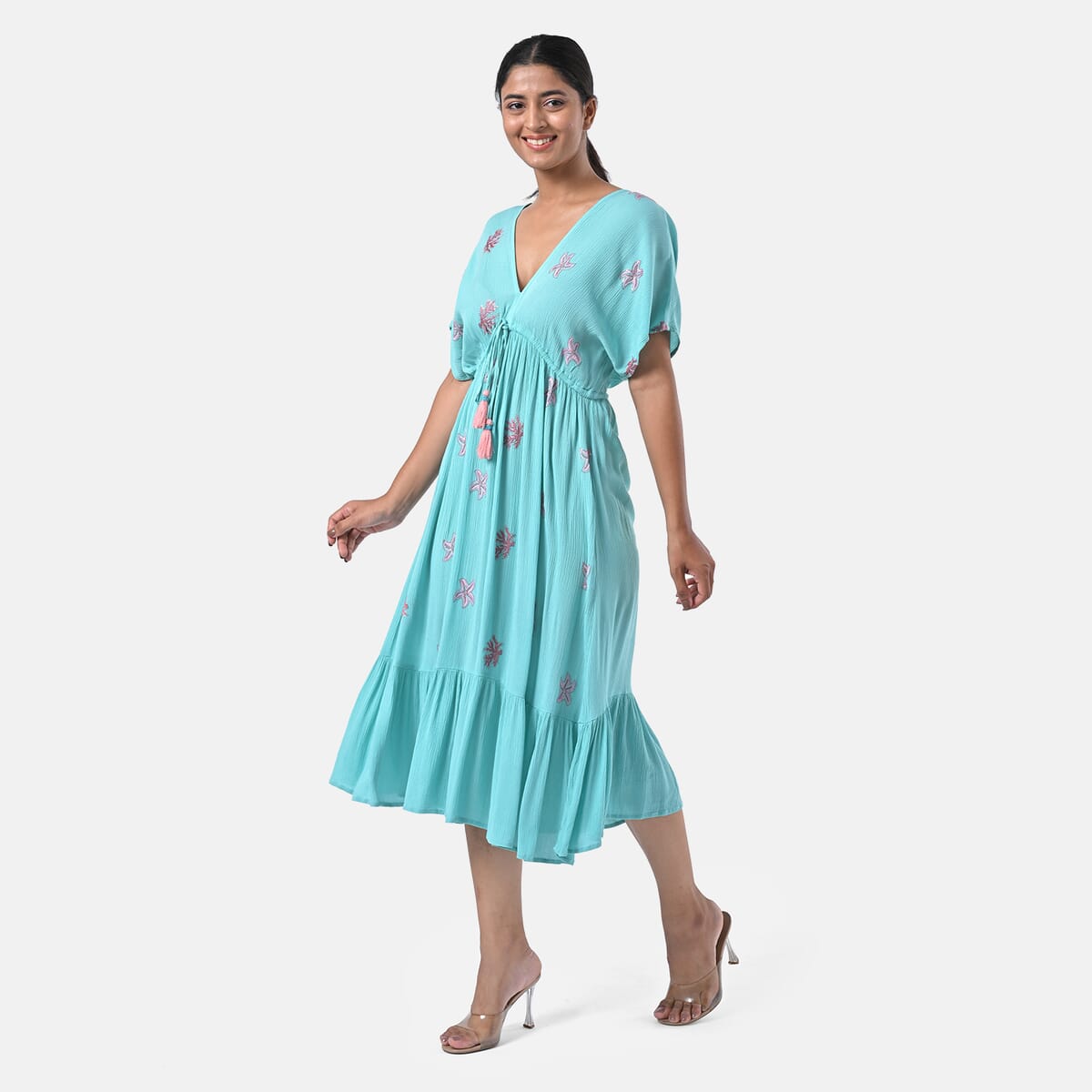 Sea Green Rayon Crepe V neck Maxi Dress with Waist Tie & Tassel Detailing - One Size Fits Most image number 1