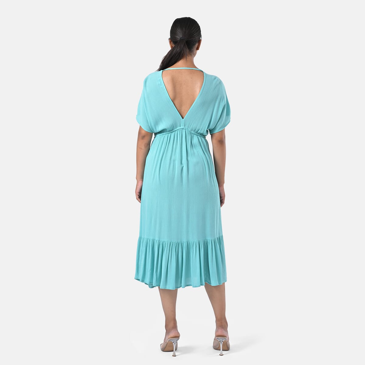 Sea Green Rayon Crepe V neck Maxi Dress with Waist Tie & Tassel Detailing - One Size Fits Most image number 2
