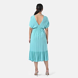 Tamsy Turquoise Summer Beach Midi Dress with Sequin Embroidery - One Size Fits Most