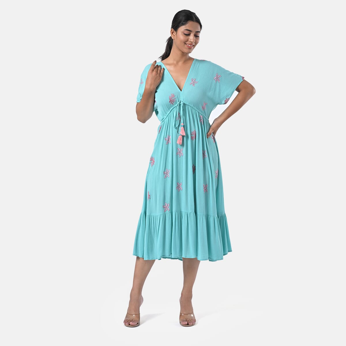 Sea Green Rayon Crepe V neck Maxi Dress with Waist Tie & Tassel Detailing - One Size Fits Most image number 3