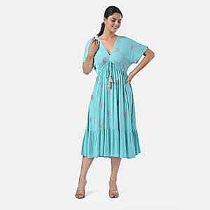 Tamsy Turquoise Summer Beach Midi Dress with Sequin Embroidery - One Size Fits Most