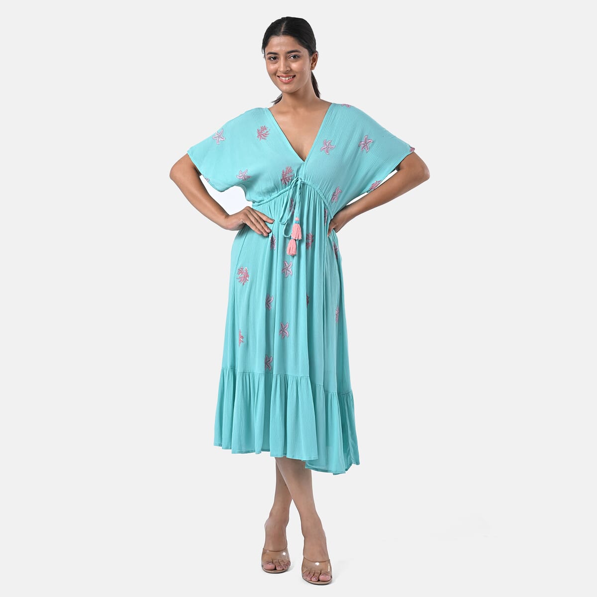 Sea Green Rayon Crepe V neck Maxi Dress with Waist Tie & Tassel Detailing - One Size Fits Most image number 4