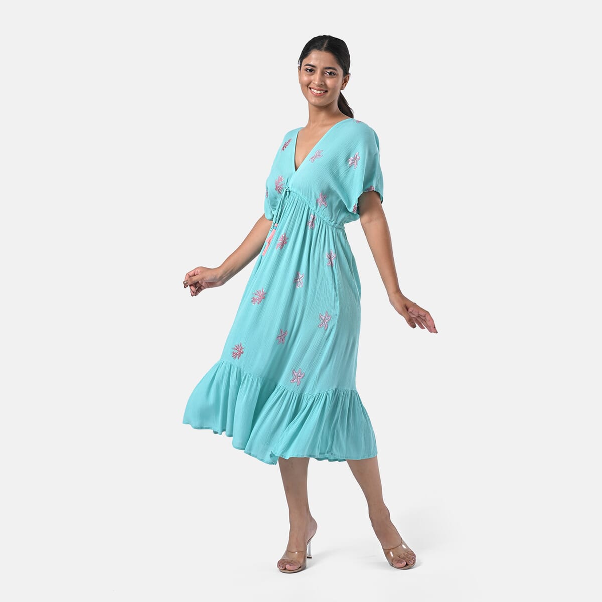 Sea Green Rayon Crepe V neck Maxi Dress with Waist Tie & Tassel Detailing - One Size Fits Most image number 5