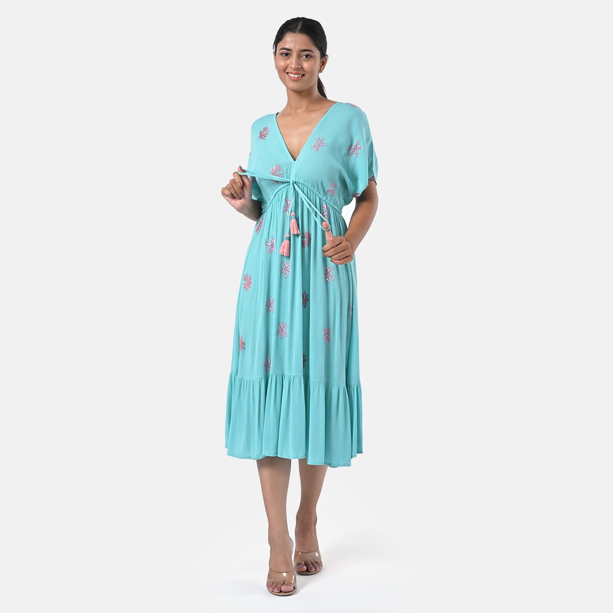 Sea Green Rayon Crepe V neck Maxi Dress with Waist Tie & Tassel Detailing - One Size Fits Most image number 6