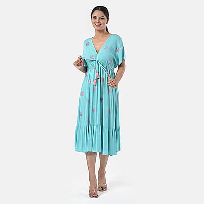 Tamsy Turquoise Summer Beach Midi Dress with Sequin Embroidery - One Size Fits Most