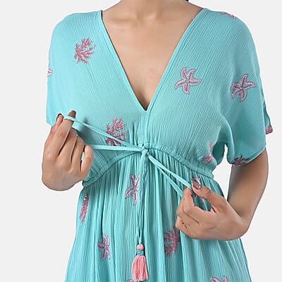 Tamsy Turquoise Summer Beach Midi Dress with Sequin Embroidery - One Size Fits Most