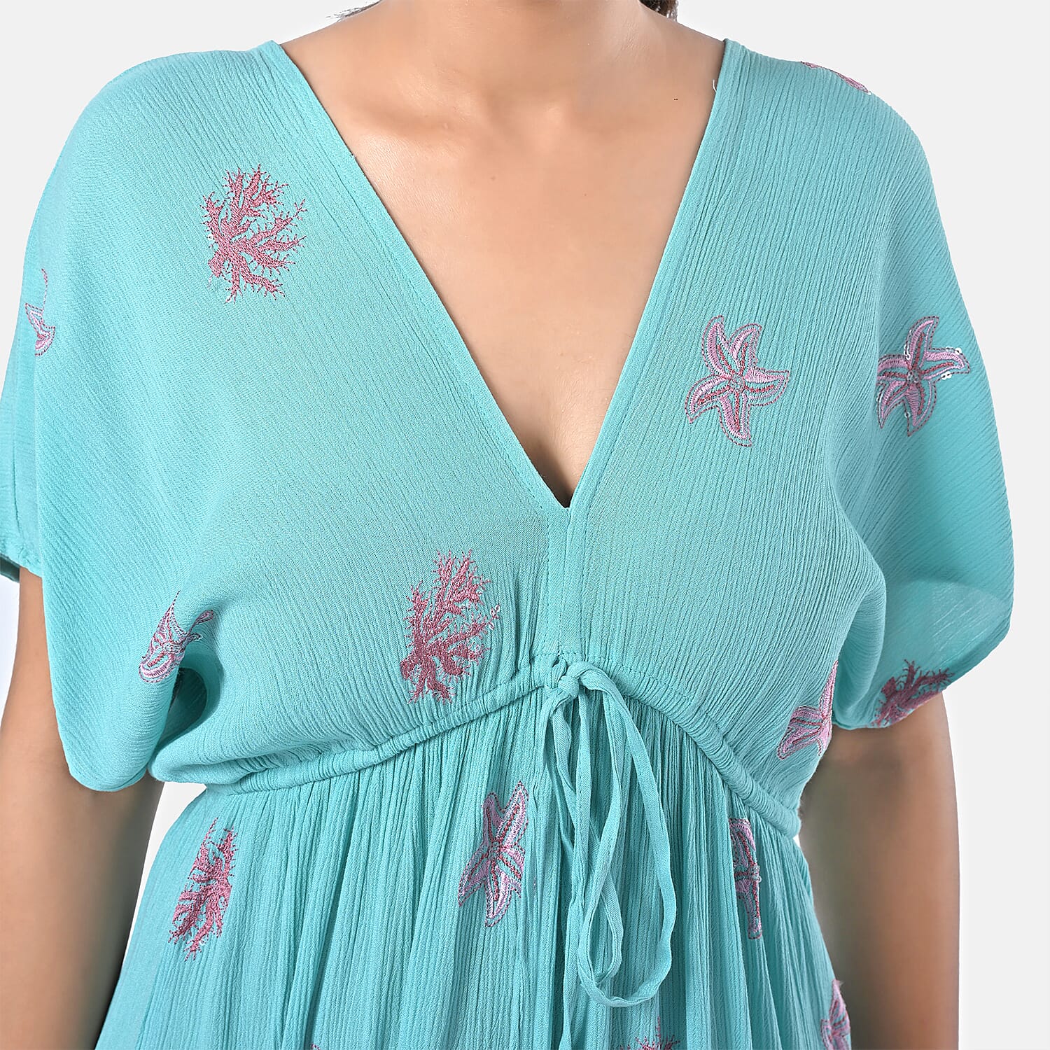 Sea Green Rayon Crepe V neck Maxi Dress with Waist Tie & Tassel Detailing - One Size Fits Most