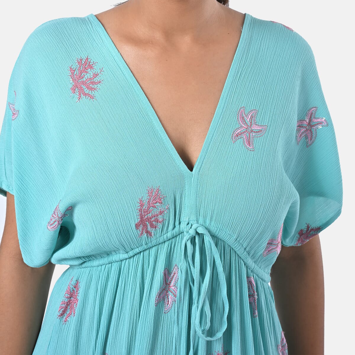 Sea Green Rayon Crepe V neck Maxi Dress with Waist Tie & Tassel Detailing - One Size Fits Most image number 8