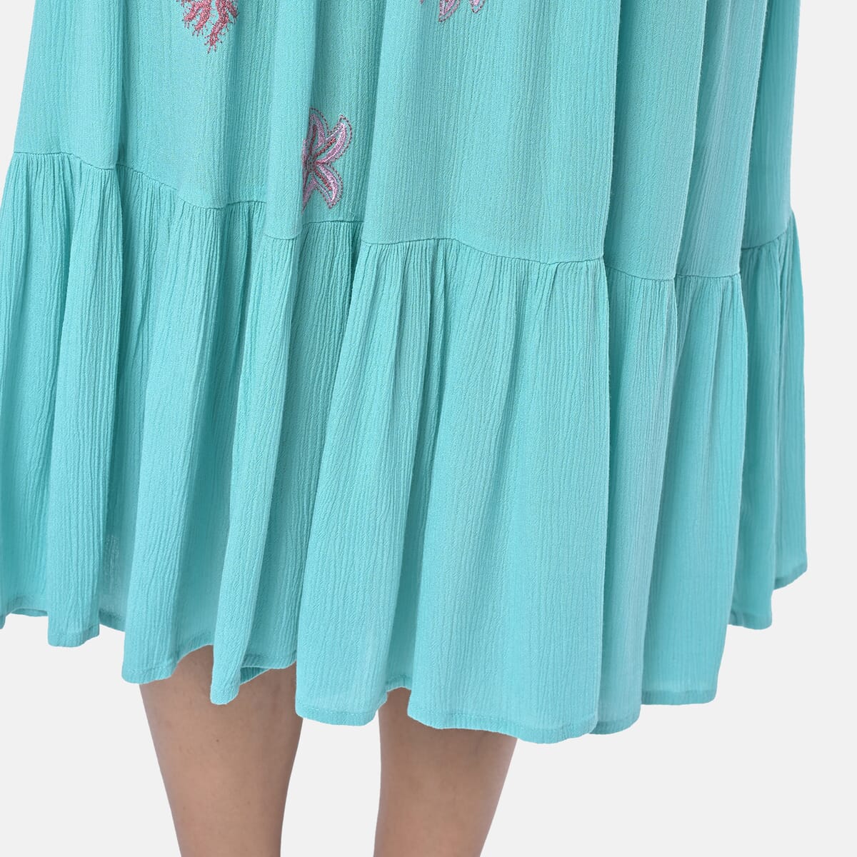 Sea Green Rayon Crepe V neck Maxi Dress with Waist Tie & Tassel Detailing - One Size Fits Most image number 9