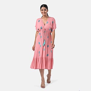 Tamsy Coral Summer Beach Midi Dress with Sequin Embroidery - One Size Fits Most