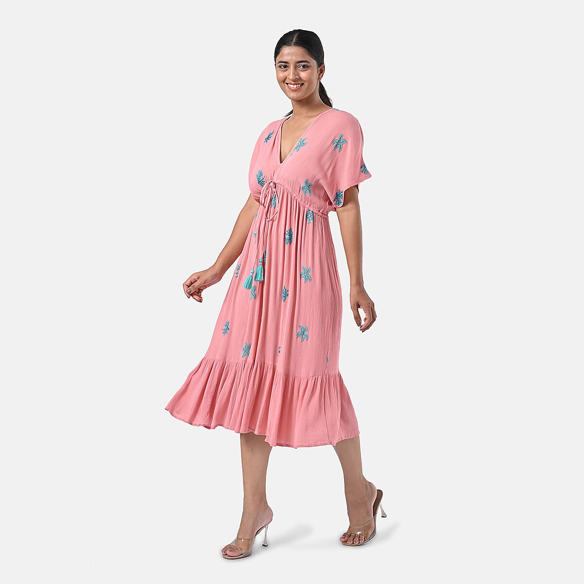 Tamsy Coral Summer Beach Midi Dress with Sequin Embroidery - One Size Fits Most image number 1