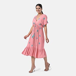 Tamsy Coral Summer Beach Midi Dress with Sequin Embroidery - One Size Fits Most