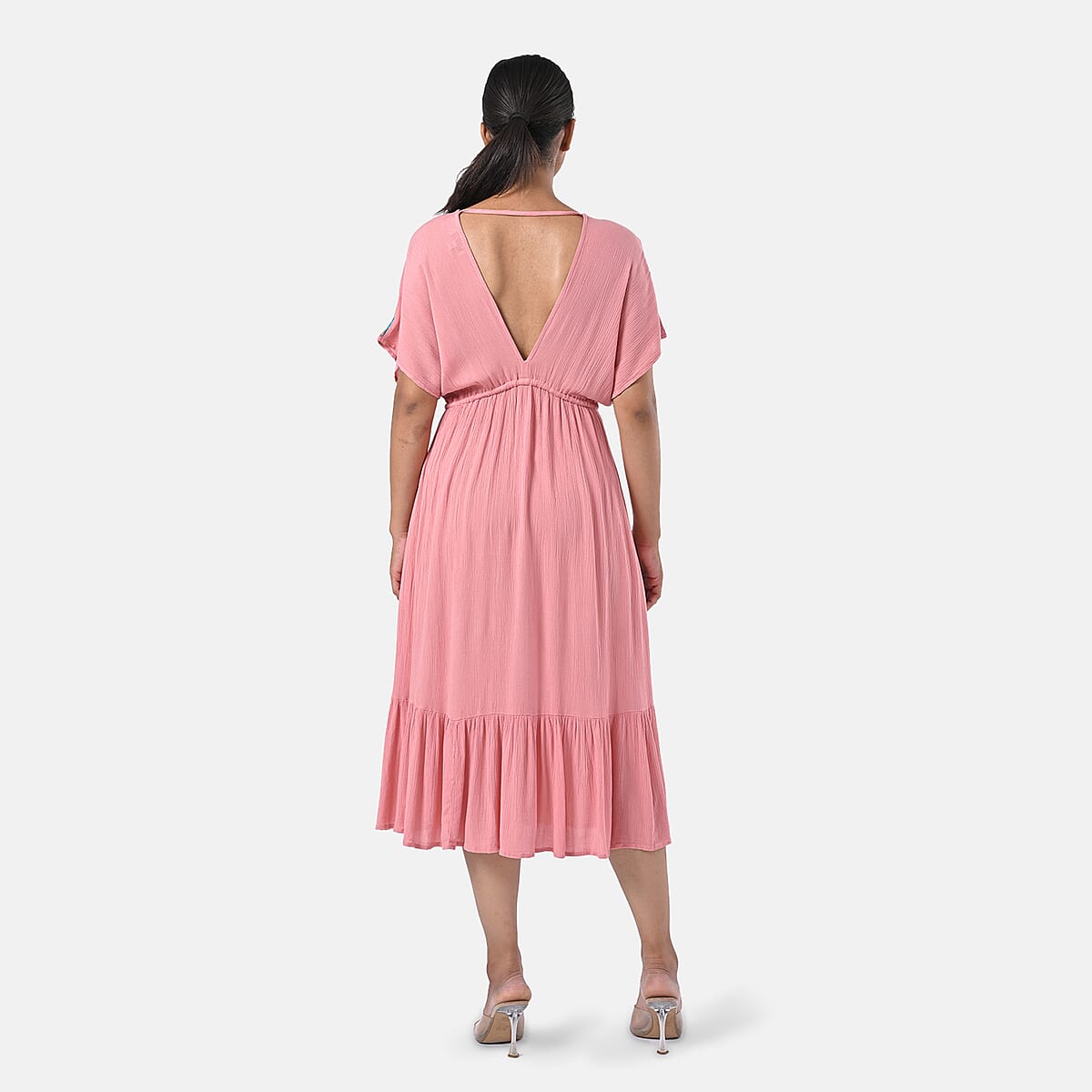 Tamsy Coral Summer Beach Midi Dress with Sequin Embroidery - One Size Fits Most image number 2