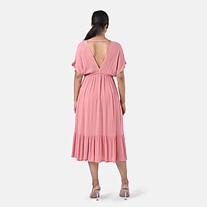 Tamsy Coral Summer Beach Midi Dress with Sequin Embroidery - One Size Fits Most