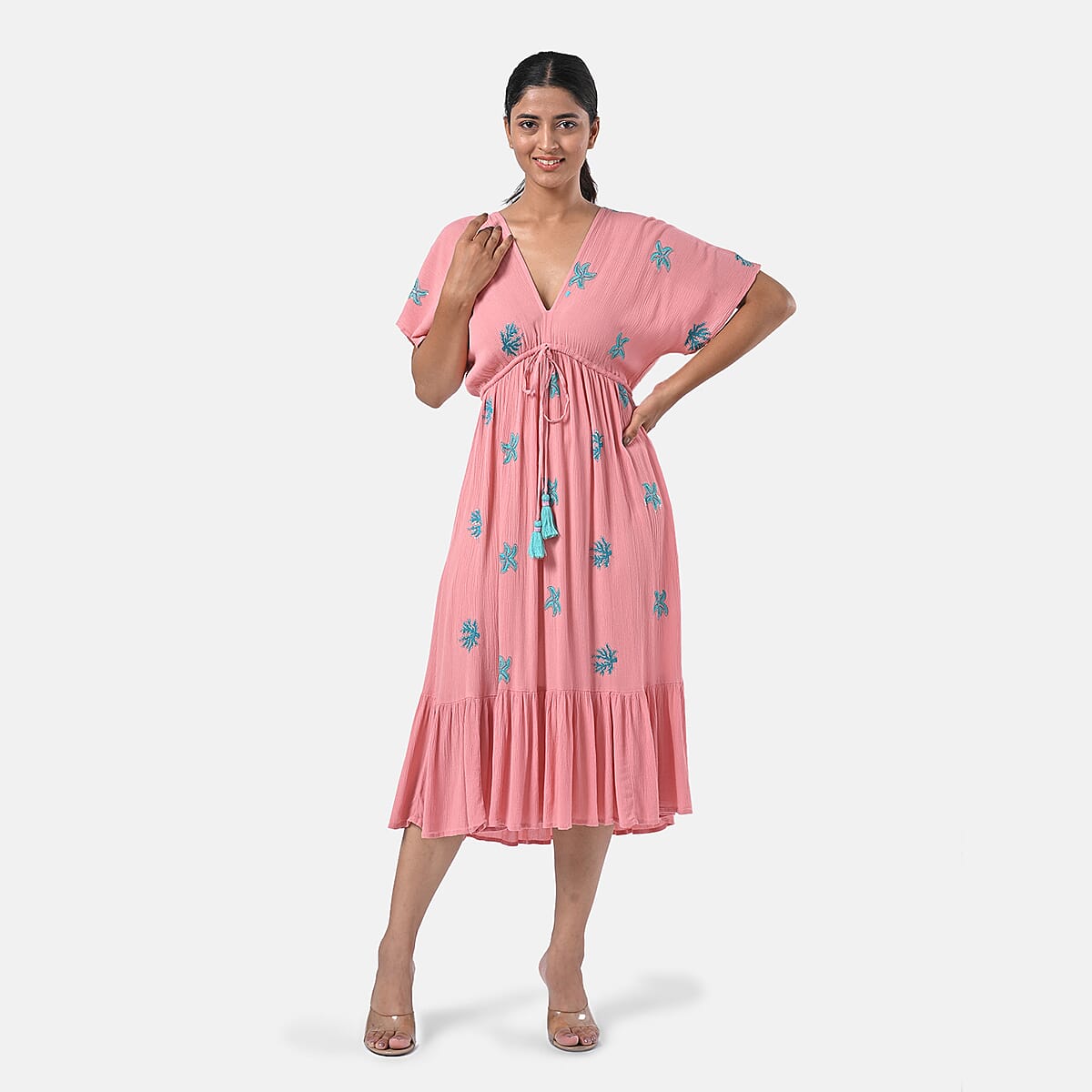 Tamsy Coral Summer Beach Midi Dress with Sequin Embroidery - One Size Fits Most image number 3