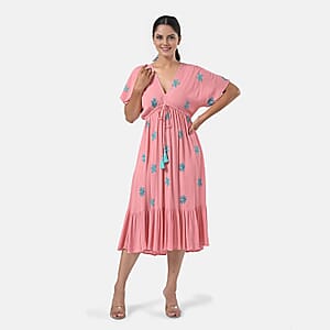 Tamsy Coral Summer Beach Midi Dress with Sequin Embroidery - One Size Fits Most