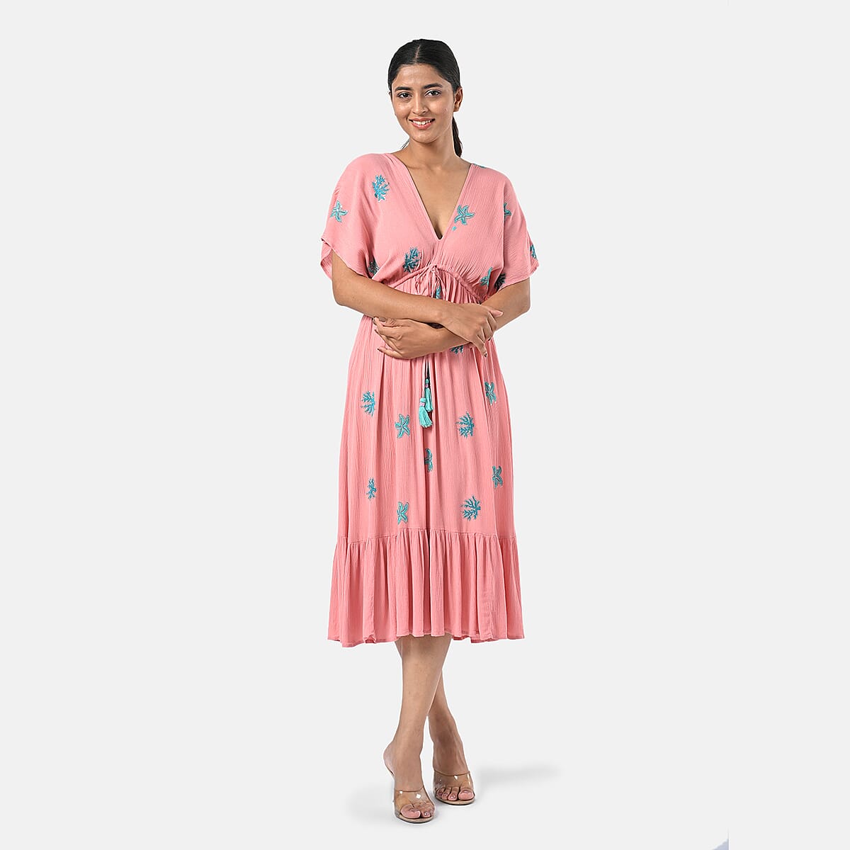 Tamsy Coral Summer Beach Midi Dress with Sequin Embroidery - One Size Fits Most image number 4