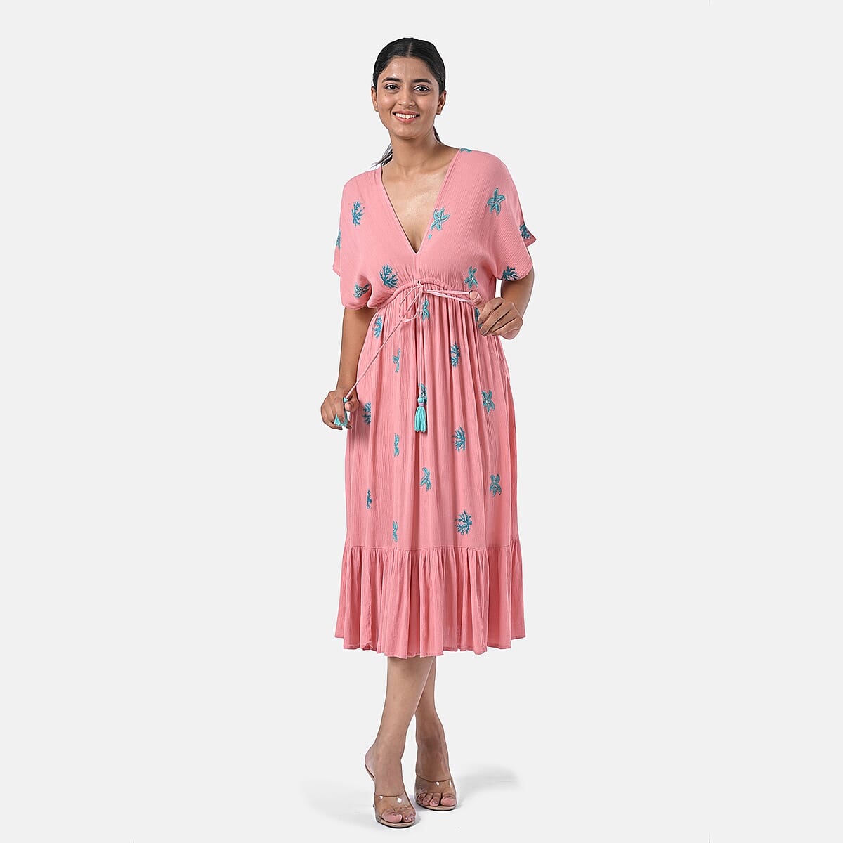 Tamsy Coral Summer Beach Midi Dress with Sequin Embroidery - One Size Fits Most image number 5