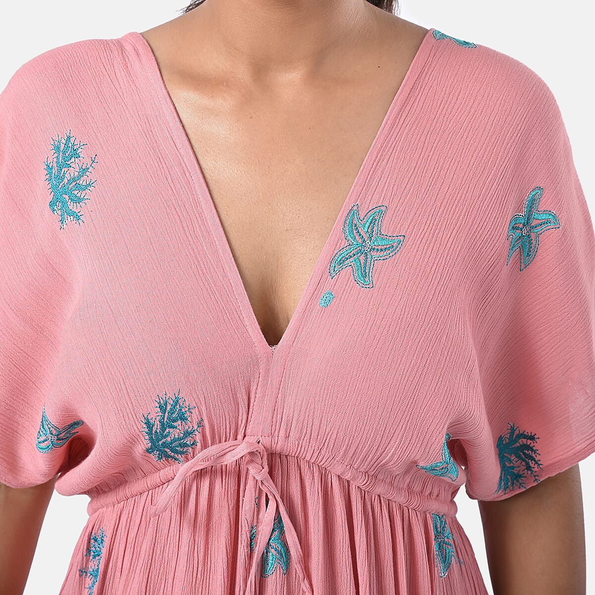 Tamsy Coral Summer Beach Midi Dress with Sequin Embroidery - One Size Fits Most image number 7