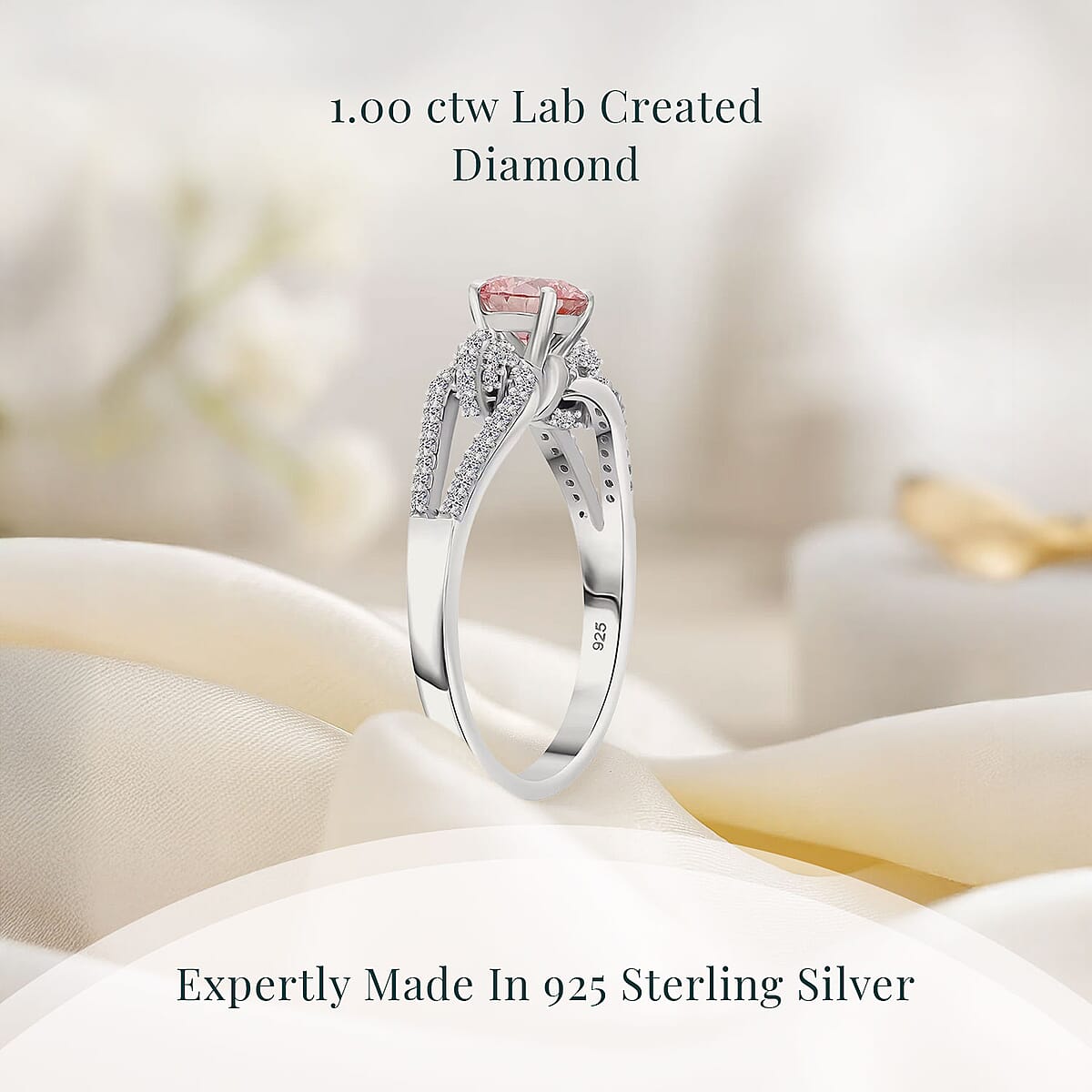 Luxuriant Lab Grown Pink Diamond (IR) (VS) and Lab Grown Diamond 1.00 ctw Love Bow Ring in Rhodium Over Sterling Silver (Size 9.0)  image number 2