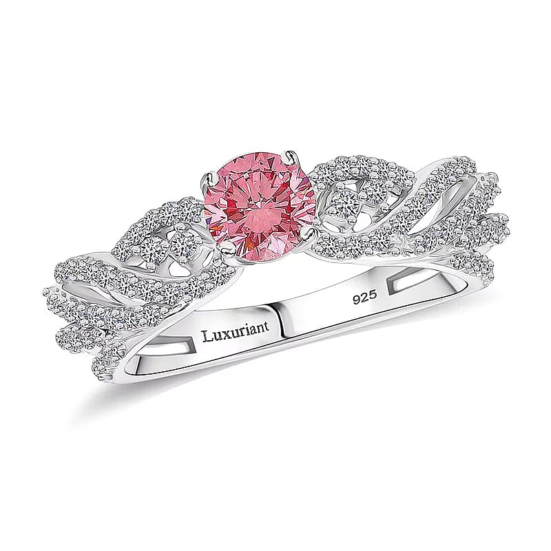 Luxuriant Lab Grown Pink and White Diamond VS 1.00 ctw Wave Ring in Rhodium Over Sterling Silver (Size 6.0) 