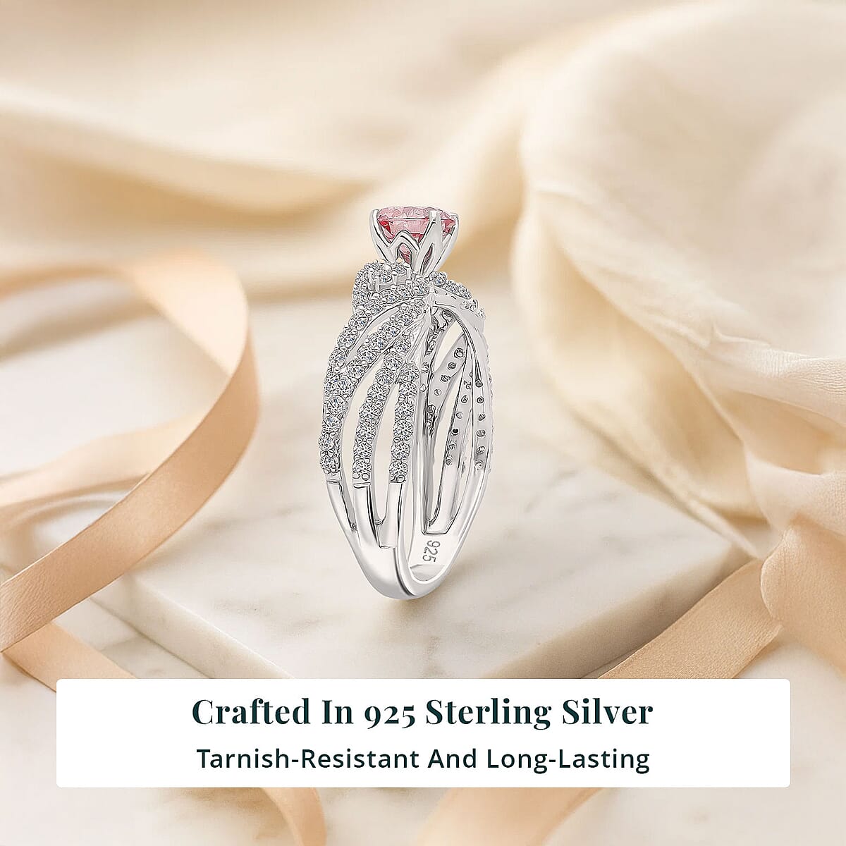 Luxuriant Lab Grown Pink Diamond (IR) (VS) and Lab Grown Diamond 1.00 ctw Wave Ring in Rhodium Over Sterling Silver (Size 8.0)  image number 2