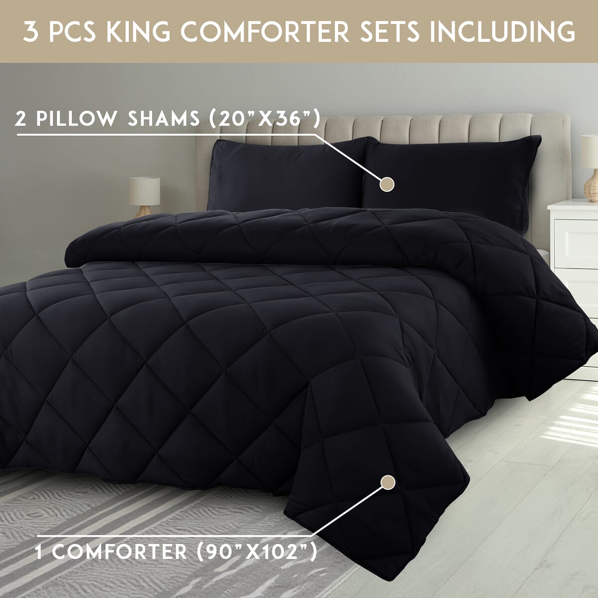 Lux Decor Collection 3pc Black Reversible Comforter Set -Queen image number 4