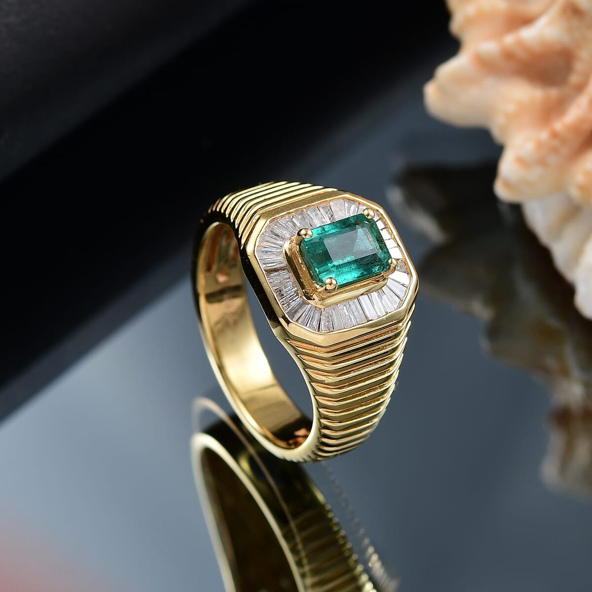 D'Joy Premium Kagem Zambian Emerald and Diamond 1.15 ctw Mens Ring in 18K Vermeil Yellow Gold Over Sterling Silver (Size 10.0) image number 1