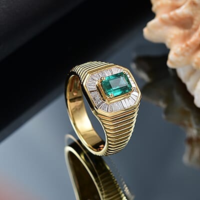 D'Joy Premium Kagem Zambian Emerald and Diamond 1.15 ctw Mens Ring in 18K Vermeil Yellow Gold Over Sterling Silver (Size 10.0)