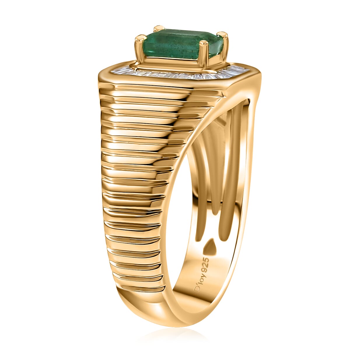 D'Joy Premium Kagem Zambian Emerald and Diamond 1.15 ctw Mens Ring in 18K Vermeil Yellow Gold Over Sterling Silver (Size 10.0) image number 3