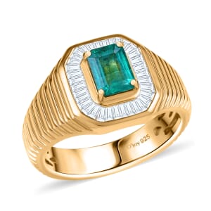 D'Joy Premium Kagem Zambian Emerald and Diamond 1.15 ctw Mens Ring in 18K Vermeil Yellow Gold Over Sterling Silver (Size 14.0)