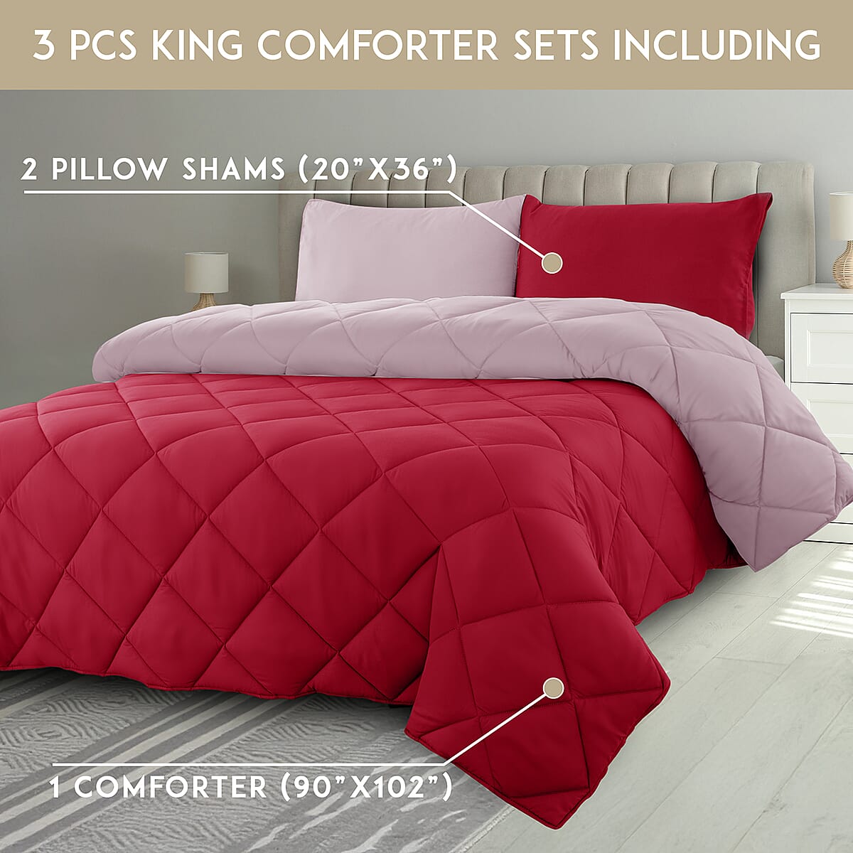Lux Decor Collection 3pc Red Reversible Comforter Set -Queen image number 4