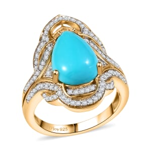 D'Joy Premium Sleeping Beauty Turquoise and Moissanite 4.40 ctw Royal Bloom Ring in 18K Vermeil Yellow Gold Over Sterling Silver (Size 10.0) 