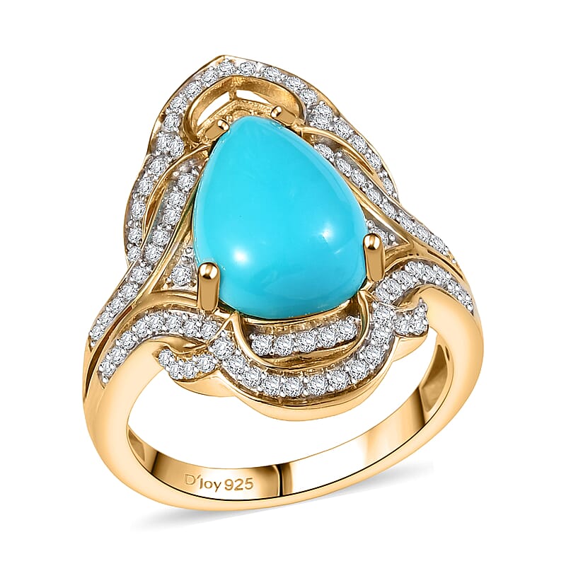 D'Joy Premium Sleeping Beauty Turquoise and Moissanite 4.40 ctw Royal Bloom Ring in 18K Vermeil Yellow Gold Over Sterling Silver (Size 10.0) 