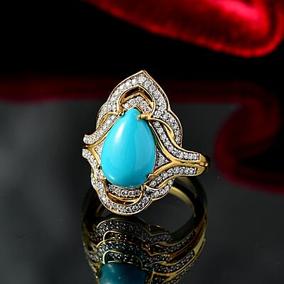 D'Joy Premium Sleeping Beauty Turquoise and Moissanite 4.40 ctw Royal Bloom Ring in 18K Vermeil Yellow Gold Over Sterling Silver (Size 10.0) 