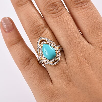 D'Joy Premium Sleeping Beauty Turquoise and Moissanite 4.40 ctw Royal Bloom Ring in 18K Vermeil Yellow Gold Over Sterling Silver (Size 10.0) 